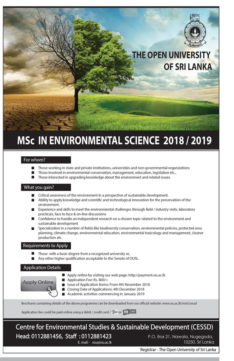 MSc in Environmental Science 2018/2019 - The Open University of Sri Lanka